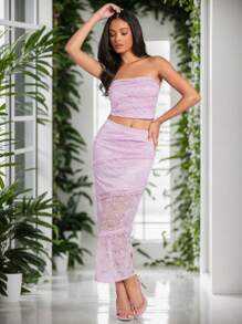 Forever 21 Màu thuần Ren Áo không dây Và Váy chữ A - Hồng - Xem 5