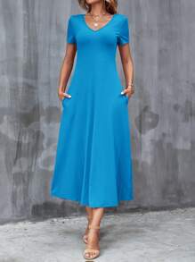 SHEIN Clasi Vestido largo de línea A para mujer unicolor con vuelo - Azul menta - Ver 3