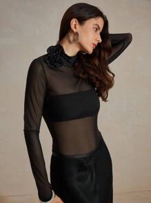 SHEIN Allurite Women Fitted Sheer 3D Rose Long Sleeve Blouse