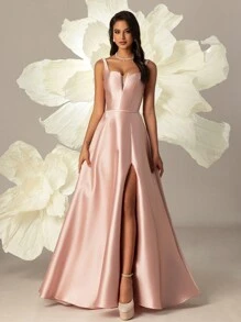 缎面高腰修身女士晚礼服优雅正式舞会婚礼宾客礼服，适合毕业典礼、晚宴派对礼服 - 藕粉色 - 查看 3