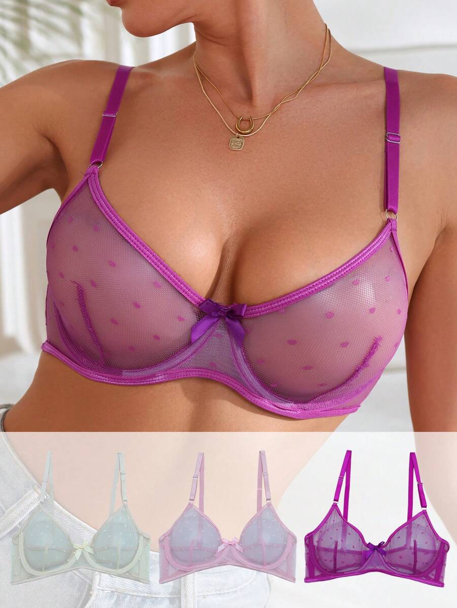 SHEIN Biustonosz damski z siateczki w kropki i kokardą, na fiszbinach, bielizna - Wielokolorowe - Zobacz 1