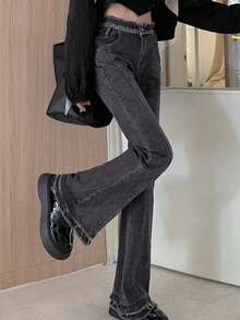 素色磨損邊牛仔喇叭褲 - 深灰色 - 查看 4