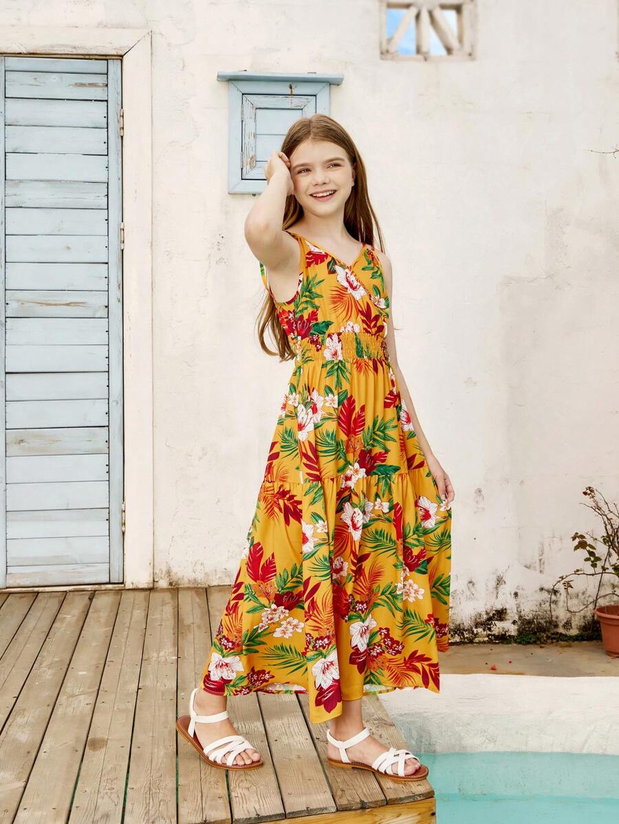 Vestido casual de tirantes para niñas pre adolescentes con estampado tropical al estilo de vacaciones - Amarillo - Ver 1