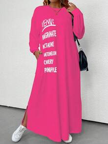 SHEIN LUNE NỮ Đúng mốt Lỏng dài Tay áo Dài In Kích thước lớn Đầm - Màu Hồng Tươi - Xem 3