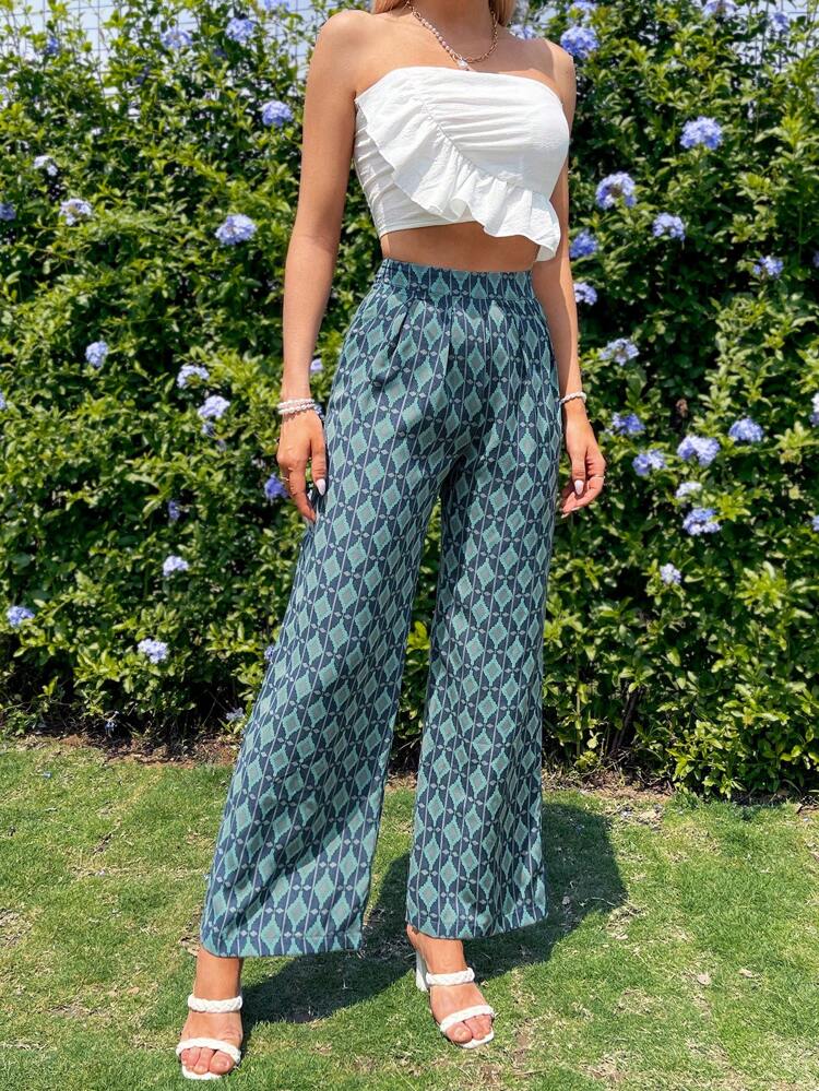 Women Solid Color Ruffle Strapless Top And Retro Patterned Long Pants Two Pieces Set