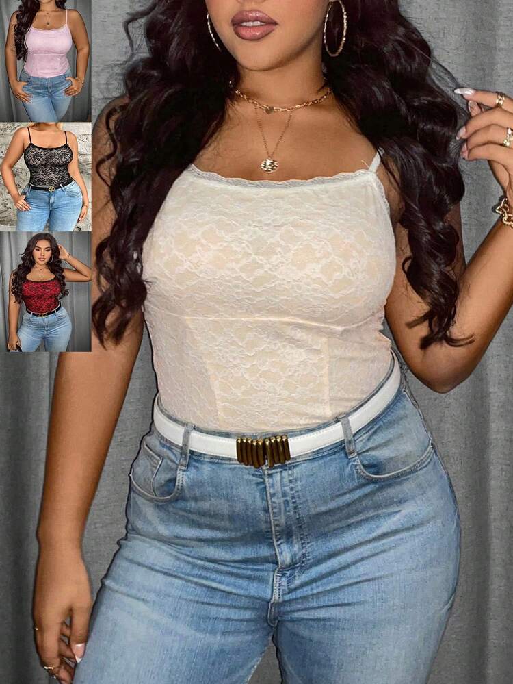 Plus Size Solid Color Lace Fitted Camisole Top
