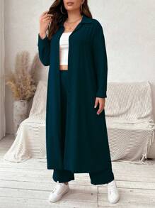 Franclia 加大尺碼純色休閒夾克和長褲套裝，有領款式 - 藍色 - 查看 5