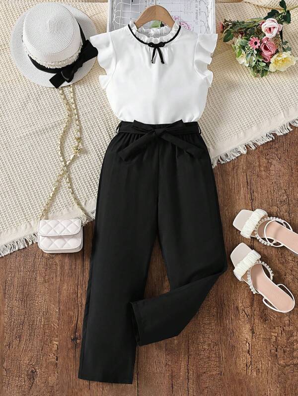 SHEIN Teen Girl Casual Ruffle Trim Round Neck Top With Bow Decor And Casual Long Pants 2-Piece Set