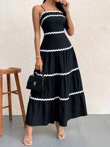Firerie Vestido midi de tirantes finos con bloqueo de color negro y blanco en estilo línea A, perfecto para vacaciones - Negro - Ver 3