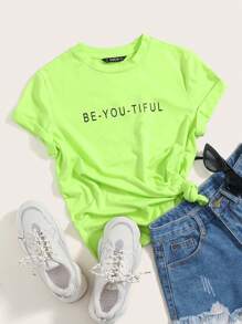 SHEIN EZwear Slogan Graphic Tee BE-YOU-TIFUL - Lime Green - View 1