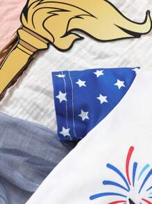 SHEIN Baby Girl US Independence Day Cartoon Printed Short Sleeve Romper And Headband Included