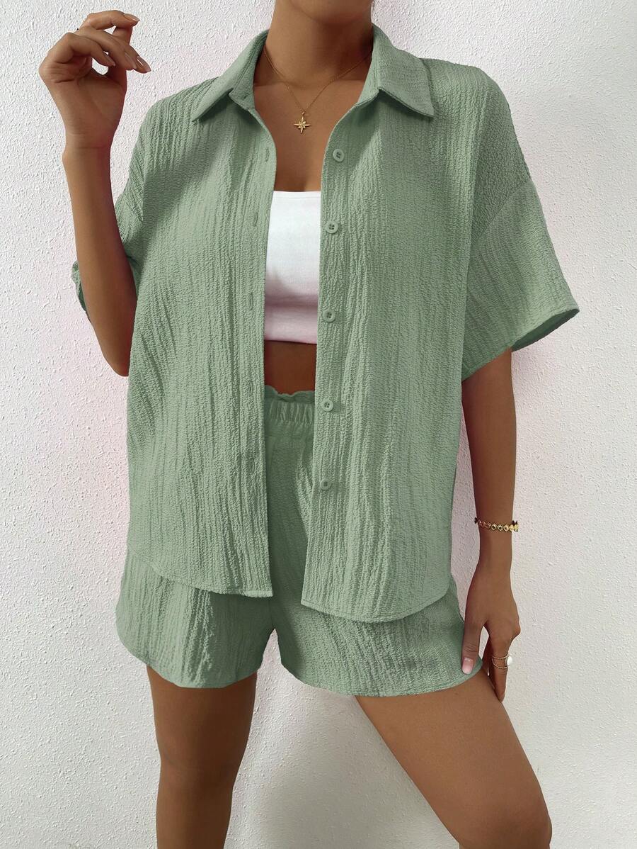 EMERY ROSE Bộ áo sơ mi ngắn tay và quần short đơn giản mùa xuân/hè dành cho nữ - Màu xanh Bạc hà - Xem 1