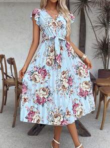 Breezaya Summer Casual Floral Print Ruffle Trimmed Dress With Decorative Bow Maxi Vacation Beach Outfits Women