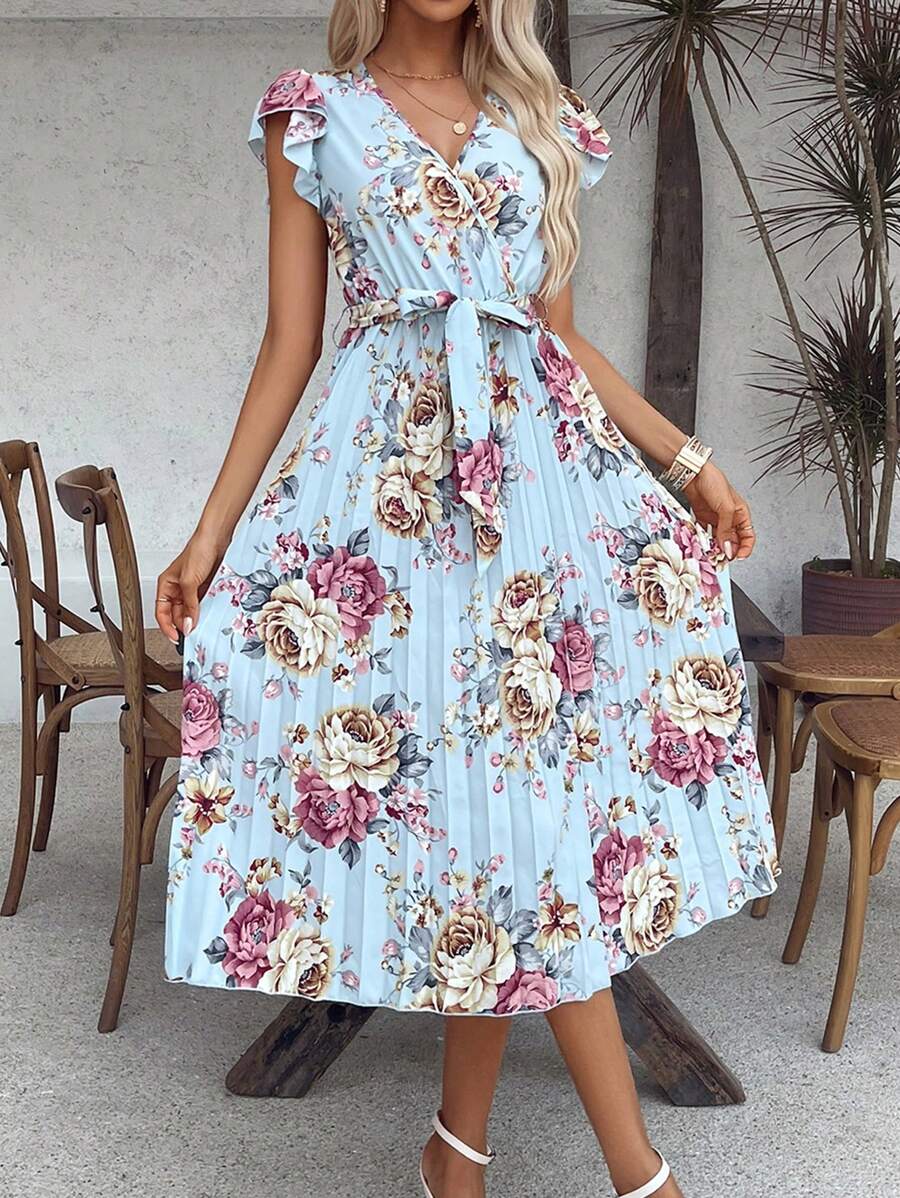 Breezaya Summer Casual Floral Print Ruffle Trimmed Dress With Decorative Bow Maxi Vacation Beach Outfits Women