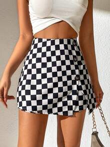 SHEIN Unity 棋盤格印花不對稱下擺裙裤 - 黑與白 - 查看 4