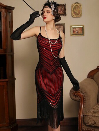 Vestido de fiesta con flecos, lentejuelas y cuentas estilo Flapper de los años 20 de LVNES para graduación o fiesta