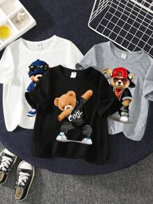 SHEIN Oso, Lindo Oso, Oso Genial, Conjunto de 3 Playeras, Playera Juvenil Casual Minimalista de Cuello Redondo y Manga Corta [Adecuada para el verano] - Multicolor - Ver 3