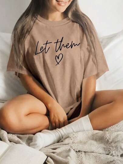 INAWLY Plus Size Women's Summer Casual Short Sleeve T-Shirt With Letter Love Print And Round Neck Graphic Tees Women Tops