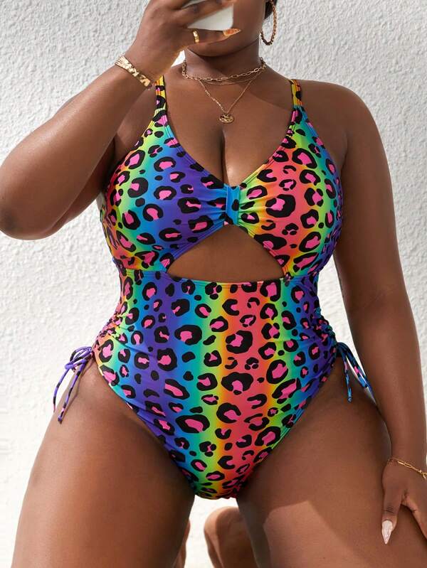 Slaydiva Traje de baño de una pieza con estampado de leopardo, drapeado y recorte para mujer talla grande, verano 2025