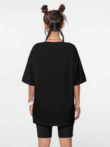 Coolane 女士休闲简约外星人字母印花超大圆领短袖 T 恤，适合春夏季，男女通用 - 黑色 - 查看 2