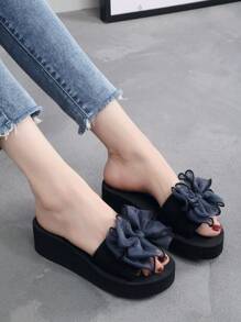 Women's Solid Color Sandals, Bowknot Decor Slip On Platform Beach Slides, Non-Slip Vacation Wedge Slides - Royal Blue - View 5