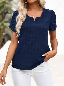 EMERY ROSE Women's Summer Short-Sleeve Notch Small V-Neck Pleated Sleeve Cuff Shirt