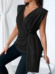 SHEIN Privé Mujeres Verano V-Cuello con volantes Dobladillo asimétrico Cinta elegante y ajustado para trabajar - Negro - Ver 6