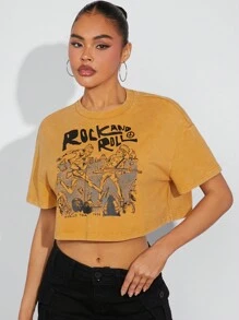 Denimoi Camiseta corta estampada con banda de dibujos animados y eslogan informal - Amarillo - Ver 1