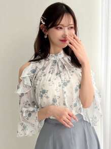 FRIFUL Women Cold-Shoulder Pleated Floral Print Shirt For Summer,Ruffle