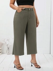 SHEIN Essnce Quần jean denim chân thẳng cỡ lớn có túi xéo và chiều dài capri để mặc thường ngày hàng ngày - xanh quân đội - Xem 4