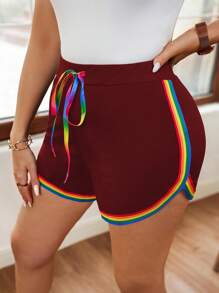 Calvaya Quần short thắt lưng dệt cầu vồng thông thường dành cho nữ cỡ lớn - Màu Đỏ Sâu - Xem 5