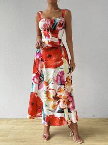 Chiquease 女士胸带无袖长款夏季连衣裙，随机印花镂空长款女士服装 - 彩色 - 查看 5
