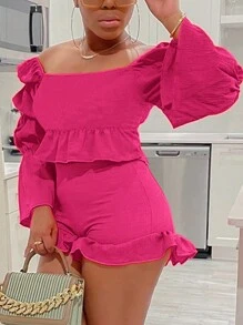 Slaydiva Top de manga larga con hombros descubiertos de estilo boho en color naranja con detalles de volantes y Shorts de cintura elástica con volantes - Rosa Fucsia - Ver 6