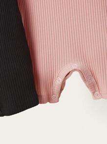 SHEIN Baby Girl Casual Knitted Solid Notch Neck Short Sleeve Romper , Suitable For Summer - Multicolor - View 4