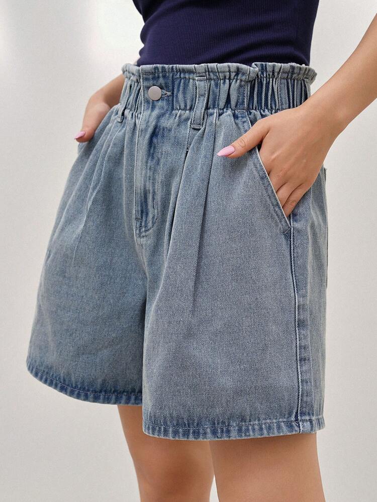 Women Paper Bag Waist Fold Pleated Wide Leg Denim Shorts Summer Jorts