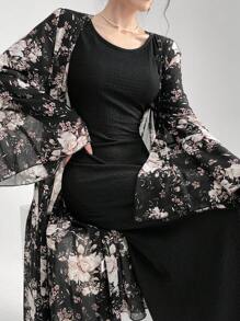 Modelyn Women Floral Print Bell Sleeve Coat And Solid Color Slim Long Dress Two-Piece Set For Spring/Autumn 2 Pieces Set