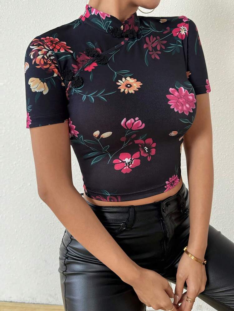Women's New Chinese Style Floral Print Cheongsam Collar T-Shirt, Summer