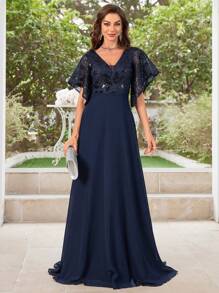 Vestido de noche de chifón con cuello en V, brillantes lentejuelas, bordado y detalle de empalme - Azul Marino - Ver 6