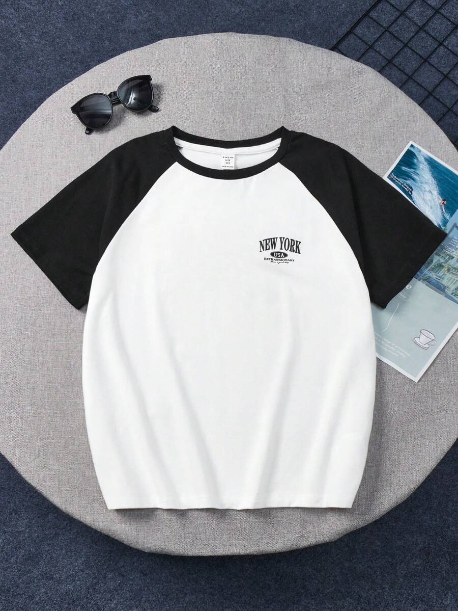 SHEIN 青少年男童韓版休閒彩塊短袖針織T卹，圓領設計，袖子上帶字母和印花圖案 - 黑與白 - 查看 1