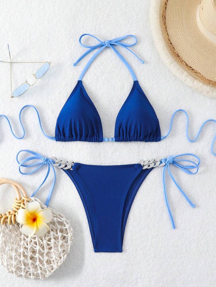 Bikini Set With Rhinestone Chain Decoration, Side Knot And Necklace Halter Summer