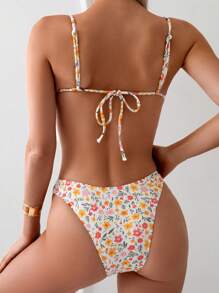 SHEIN Swim Summer Women's Floral Printed Bikini Set With Spaghetti Straps, Back Ties And Separated Design