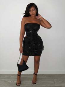 Slaydiva 2024 New Ice Silk Full Hot Coating Black Mini Dress With Side Drawstring, Hollow Out & Pleated Design - Black - View 3