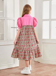SHEIN Vestido midi holgado para niña adolescente con cuello vuelto, mangas abullonadas y bloques de color empalmados - Blanco - Ver 3