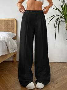 SHEIN EZwear Pantalones casuales de pierna ancha y ajuste holgado con pliegues y bolsillos oblicuos, de unicolor