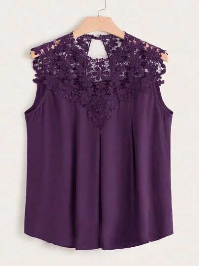 SHEIN Clasi 大尺碼女款鬆身夏季拼接蕾絲無袖圓領衫