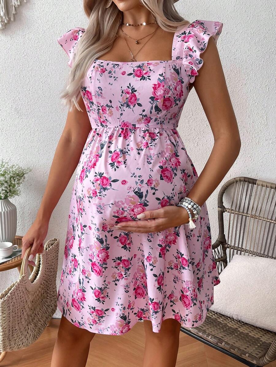SHEIN Maternity Floral Print Dress With Floral Flounce Sleeves - Pink - View 1