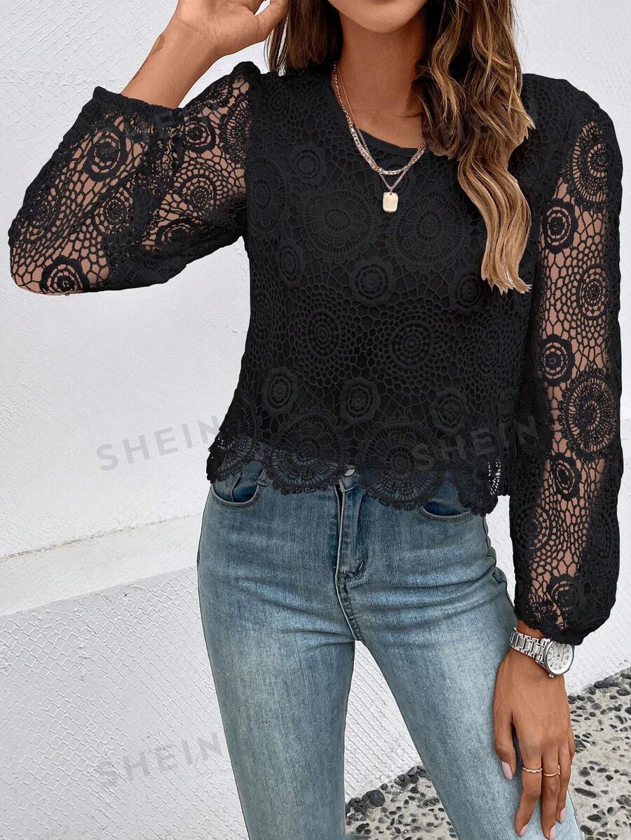 SHEIN Privé Solid Color Lace Lantern Sleeve Shirt For Spring And Summer