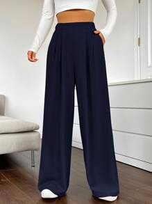 SHEIN EZwear Women Pants Kantong Plain Casual - Navy Blue - View 3