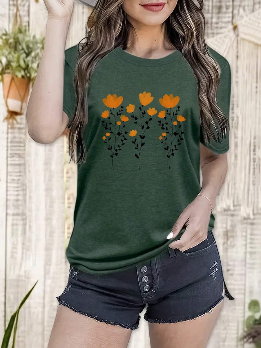 Regular-Fit Round Neck Floral Print T-Shirt - Green - View 1