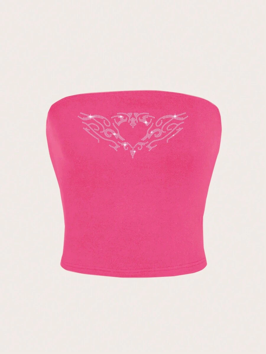SHEIN Essnce Pink Casual Angel Wings Rhinestone Decor Fitted Camisole Top For Women, Suitable For Summer - Hot Pink - View 1